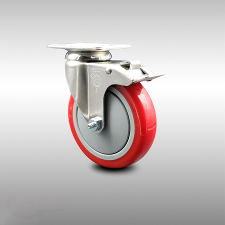 SERVICE CASTER 5 Inch 316SS Red Polyurethane Swivel Top Plate Caster with Total Lock Brake SCC-SS316TTL20S514-PPUB-RED